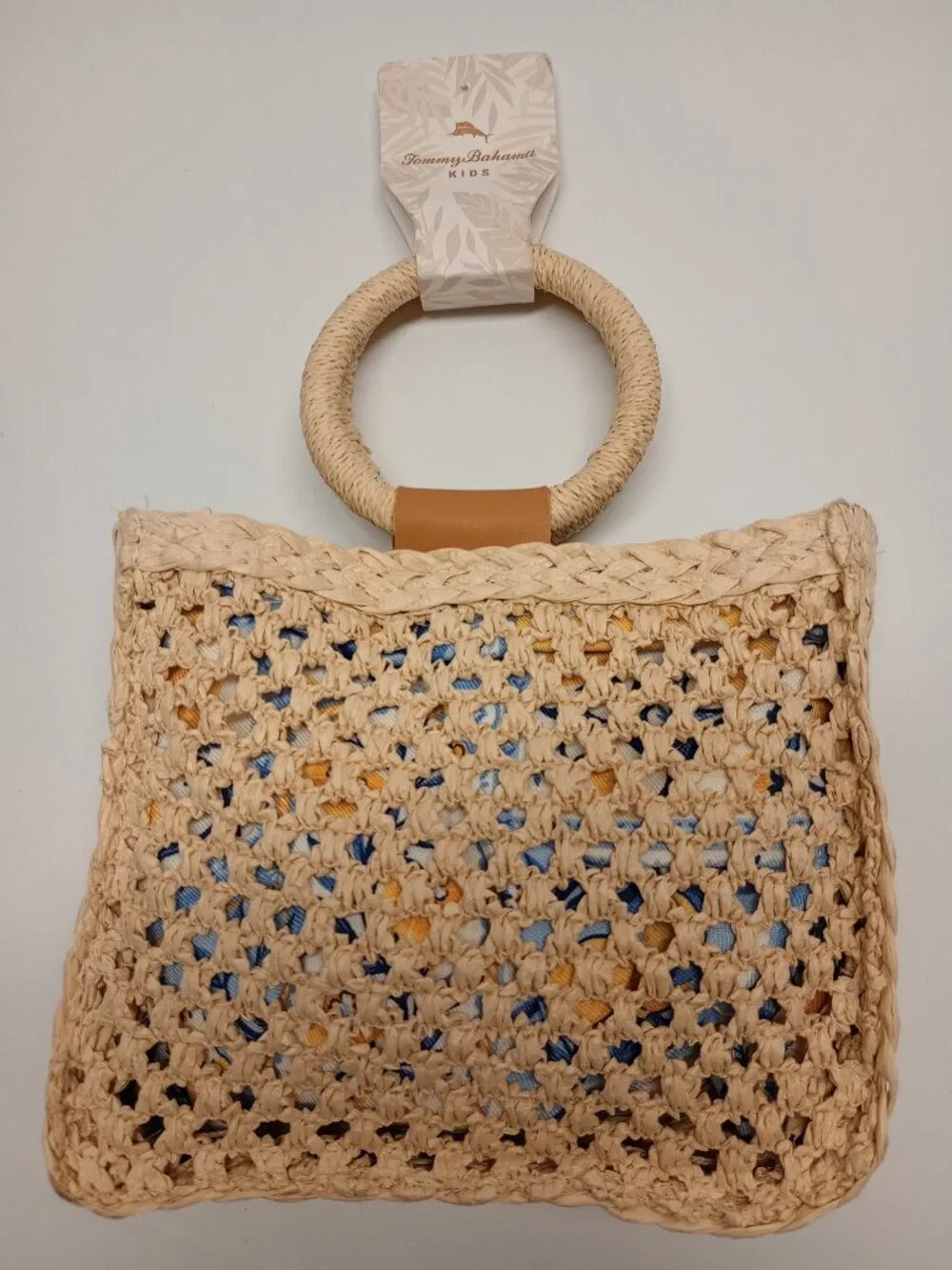 Tommy Bahama Kids Straw Top Handle Bag with Blue Yellow Floral Lining NWT